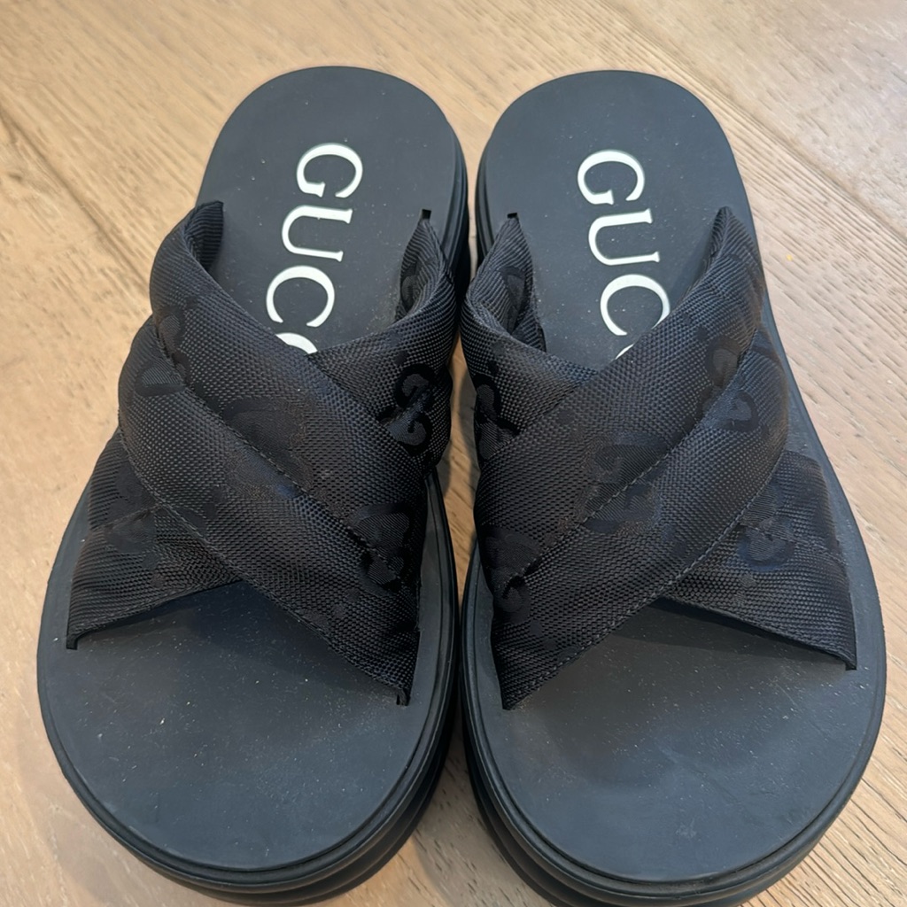 Authentic Gucci Black Leather Platform Slides Sandals Crossover Logo Shoes